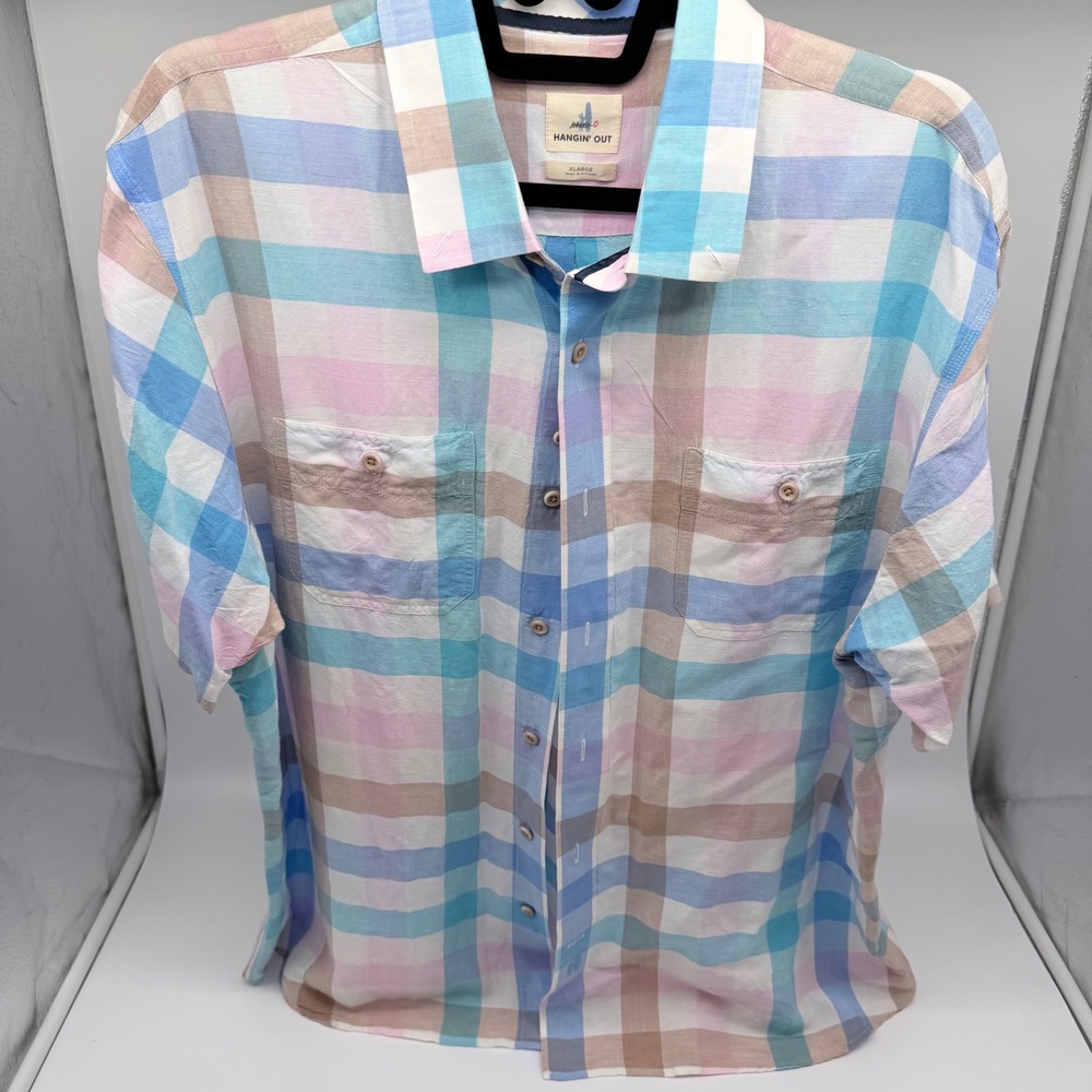 Johnnie-O Hangin' Out Mens XL Linen Blend Plaid Short Sleeve Button Down‎ Shirt